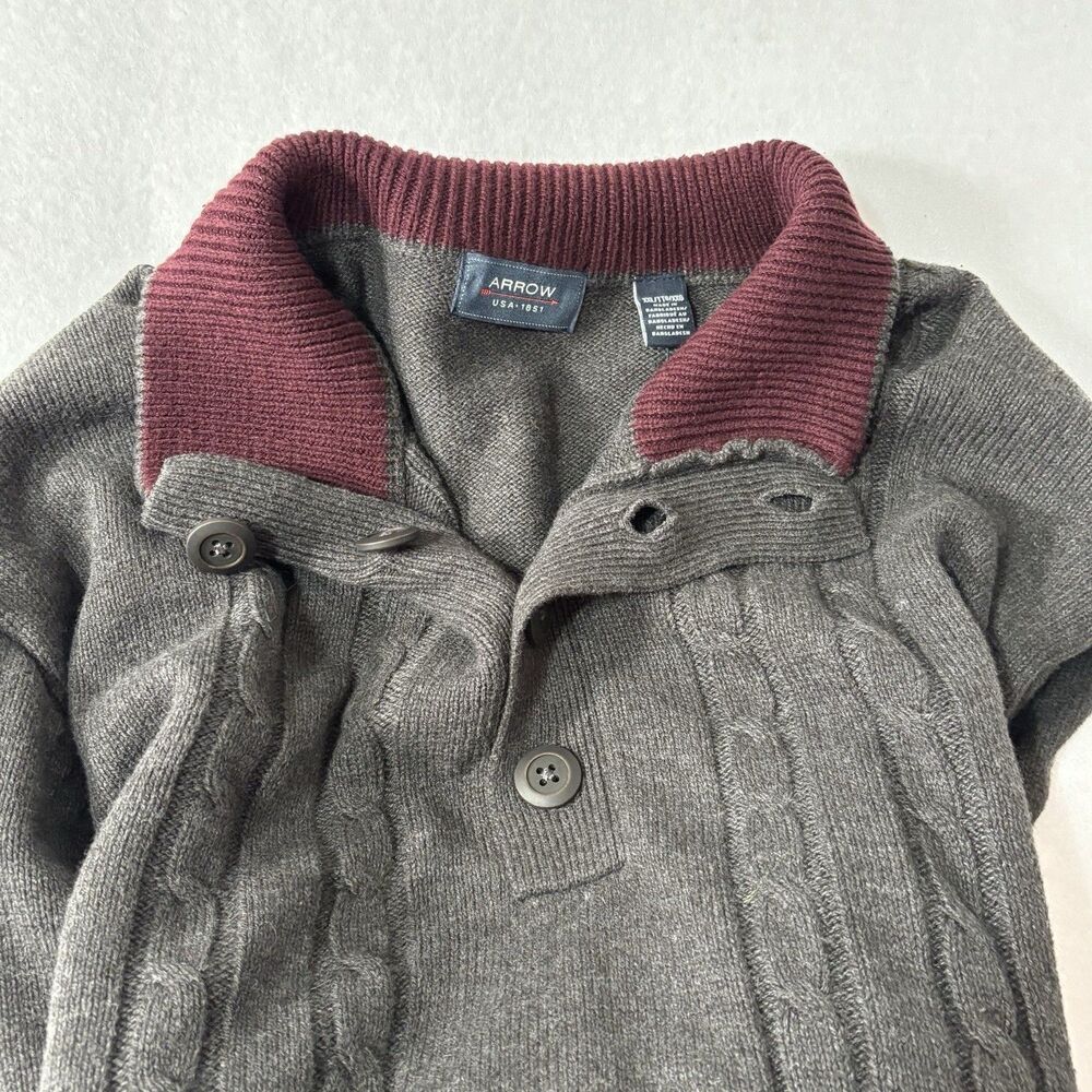 ARROW Cable Knit Sweater Gray Mock Neck w Buttons Thick Warm Pullover